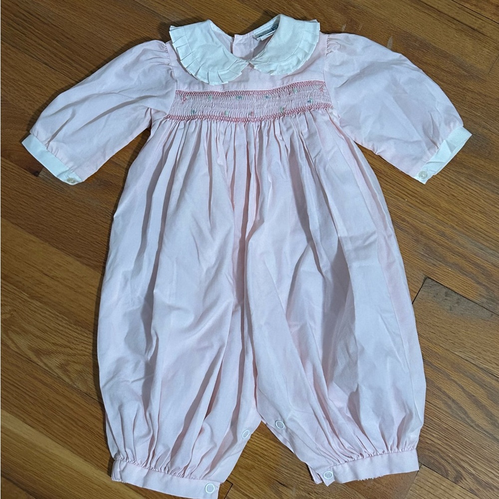 Vintage Smocked Pink and White Floral Baby Girls One Piece Outfit 3m 3-6